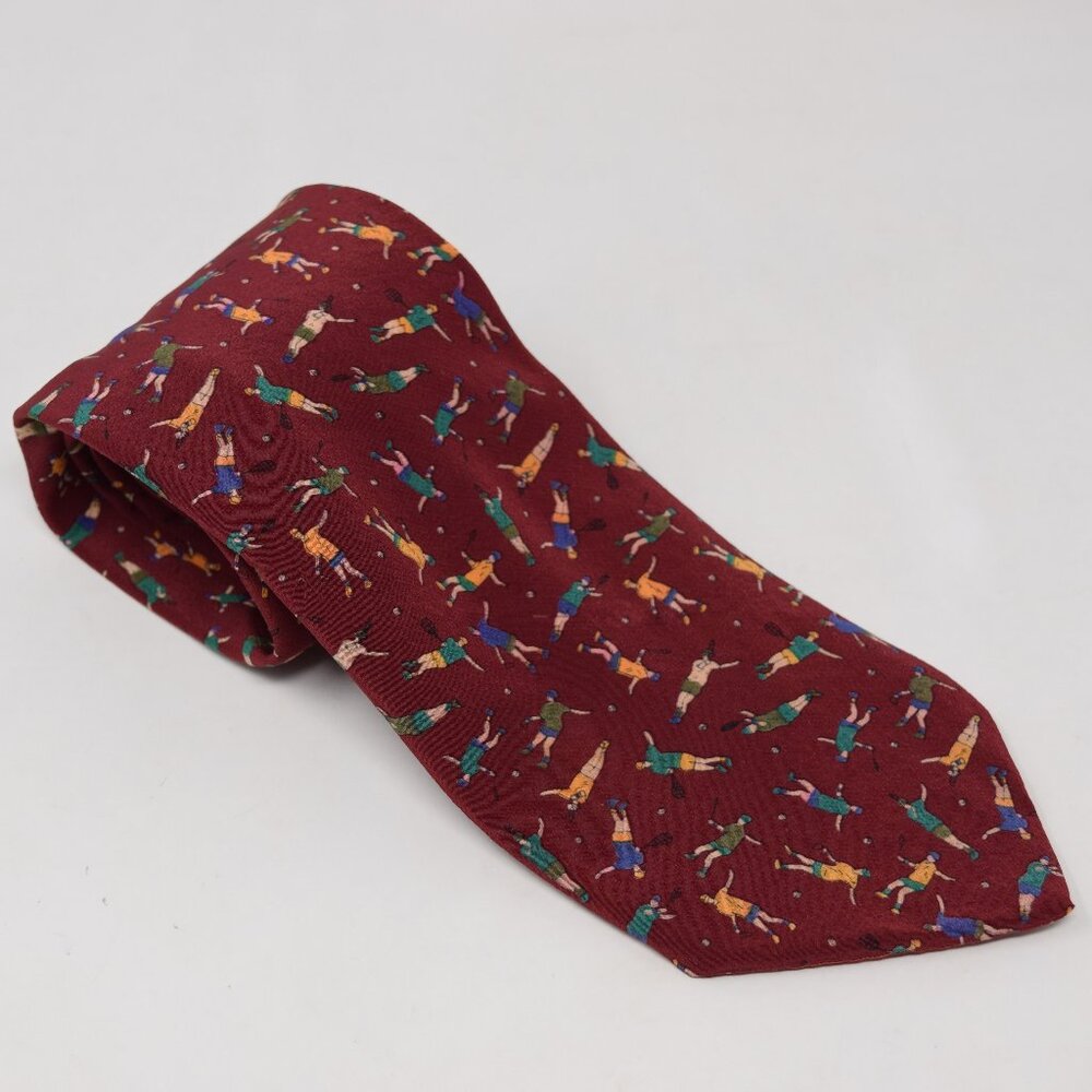 Isaac Zelcer Tennis Tie Necktie 100% Silk Sporty Work Career Burgundy Racket 90s
